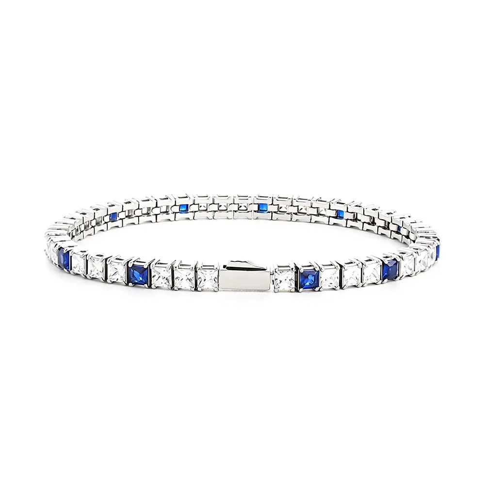 Striking 316 Stainless Steel Blue Square CZ Tennis Bracelet - Silver mm Square White CZ + Blue CZ