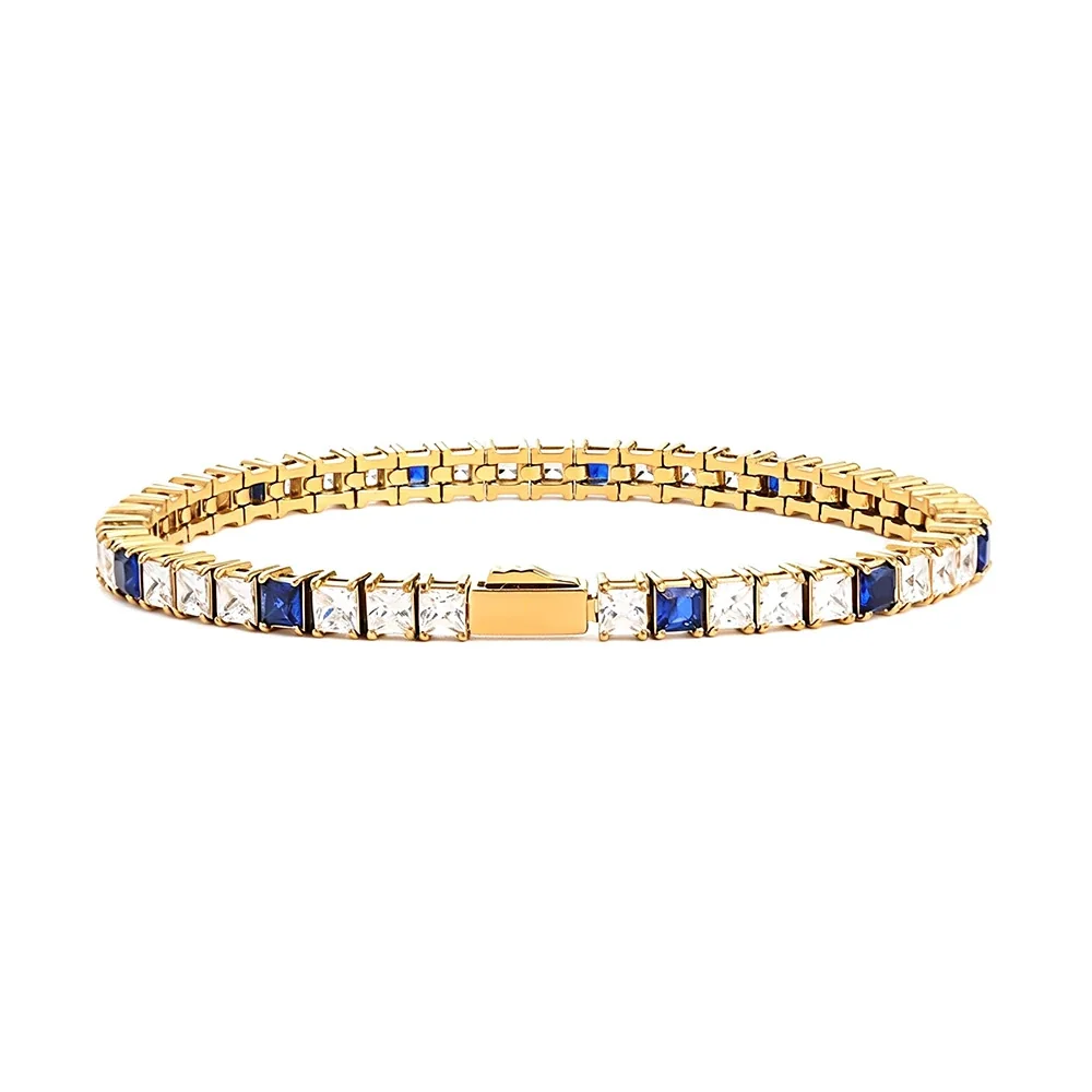 Striking 316 Stainless Steel Blue Square CZ Tennis Bracelet - Gold mm Square White CZ + Blue CZ