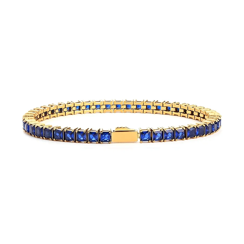 Striking 316 Stainless Steel Blue Square CZ Tennis Bracelet - Gold mm Square Blue CZ