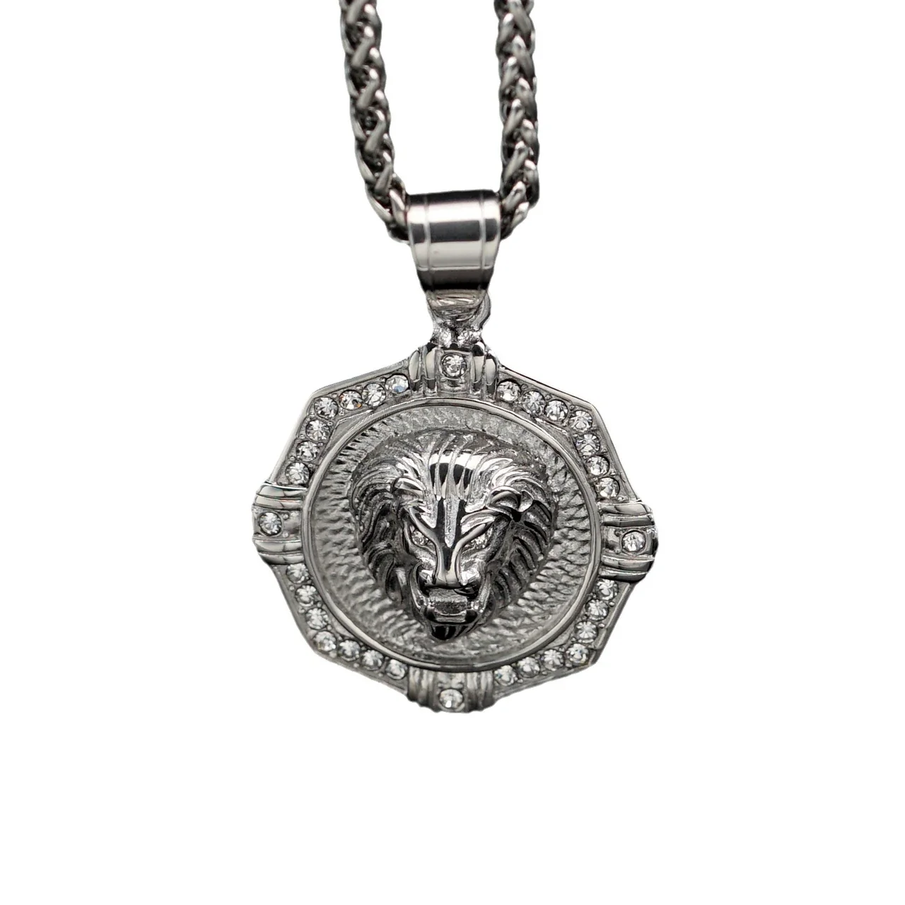 Lion Medallion 316 Stainless Steel Pavé Octagon Pendant