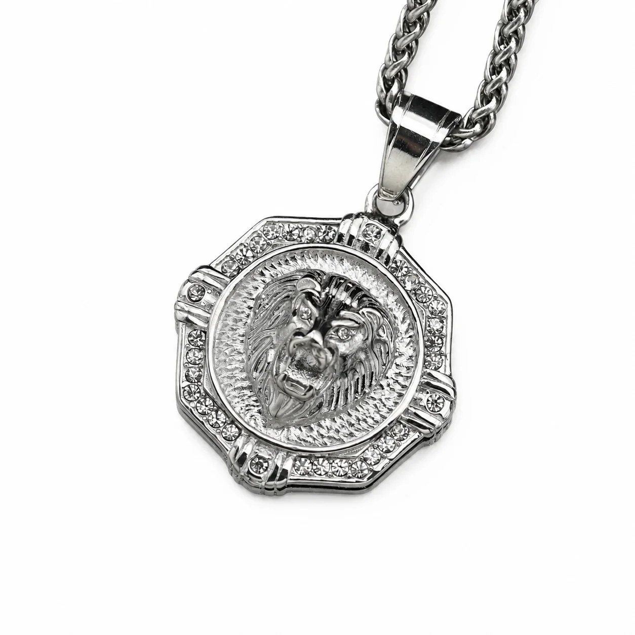 Lion Medallion 316 Stainless Steel Pavé Octagon Pendant