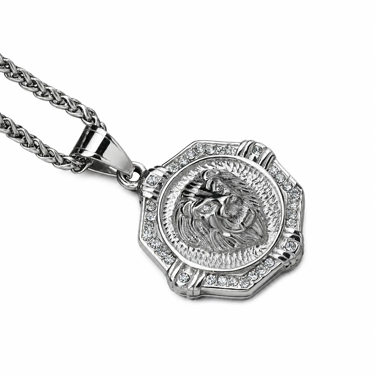 Lion Medallion 316 Stainless Steel Pavé Octagon Pendant