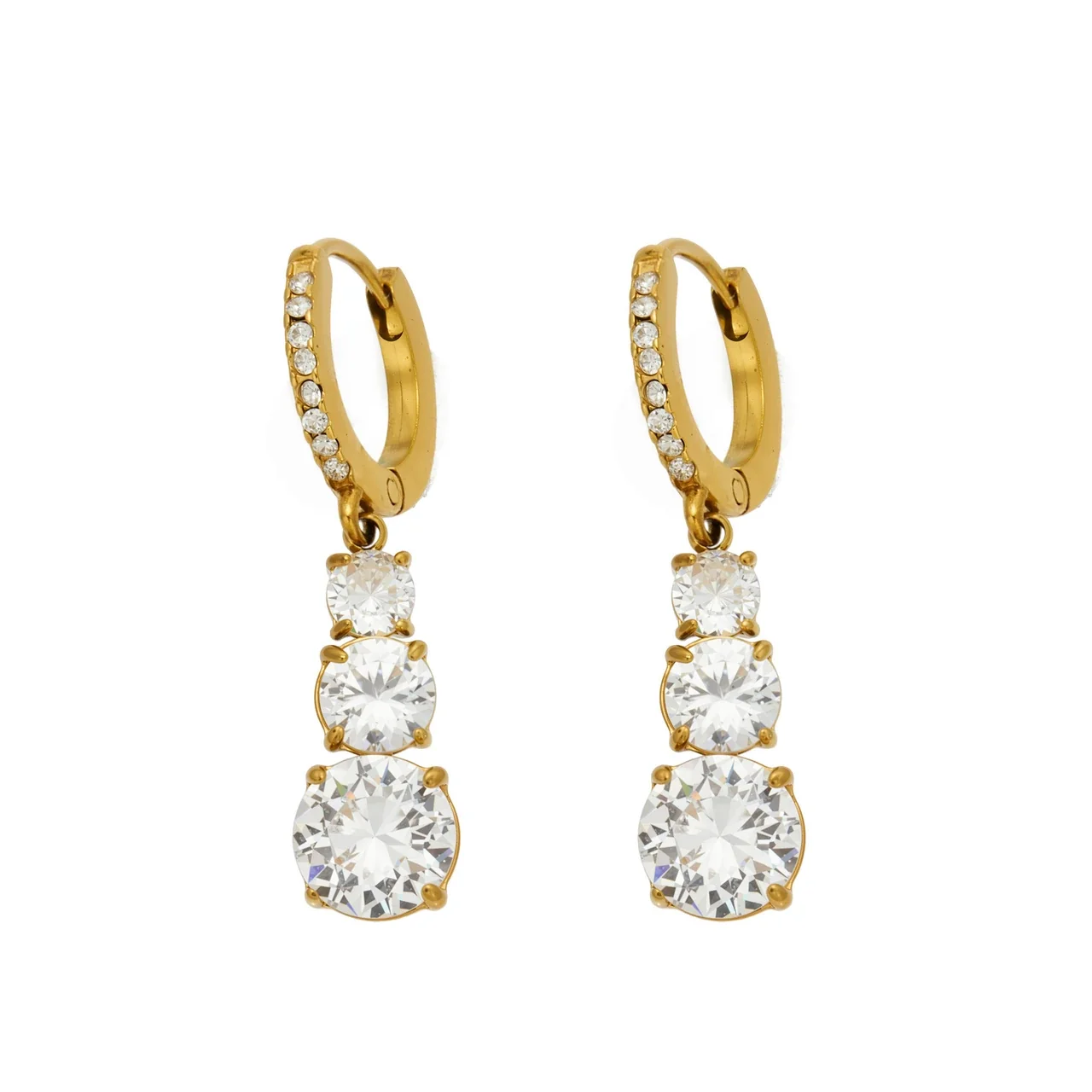 Drop Hoop Earrings with Triple CZ Stainless Steel Gold PVD