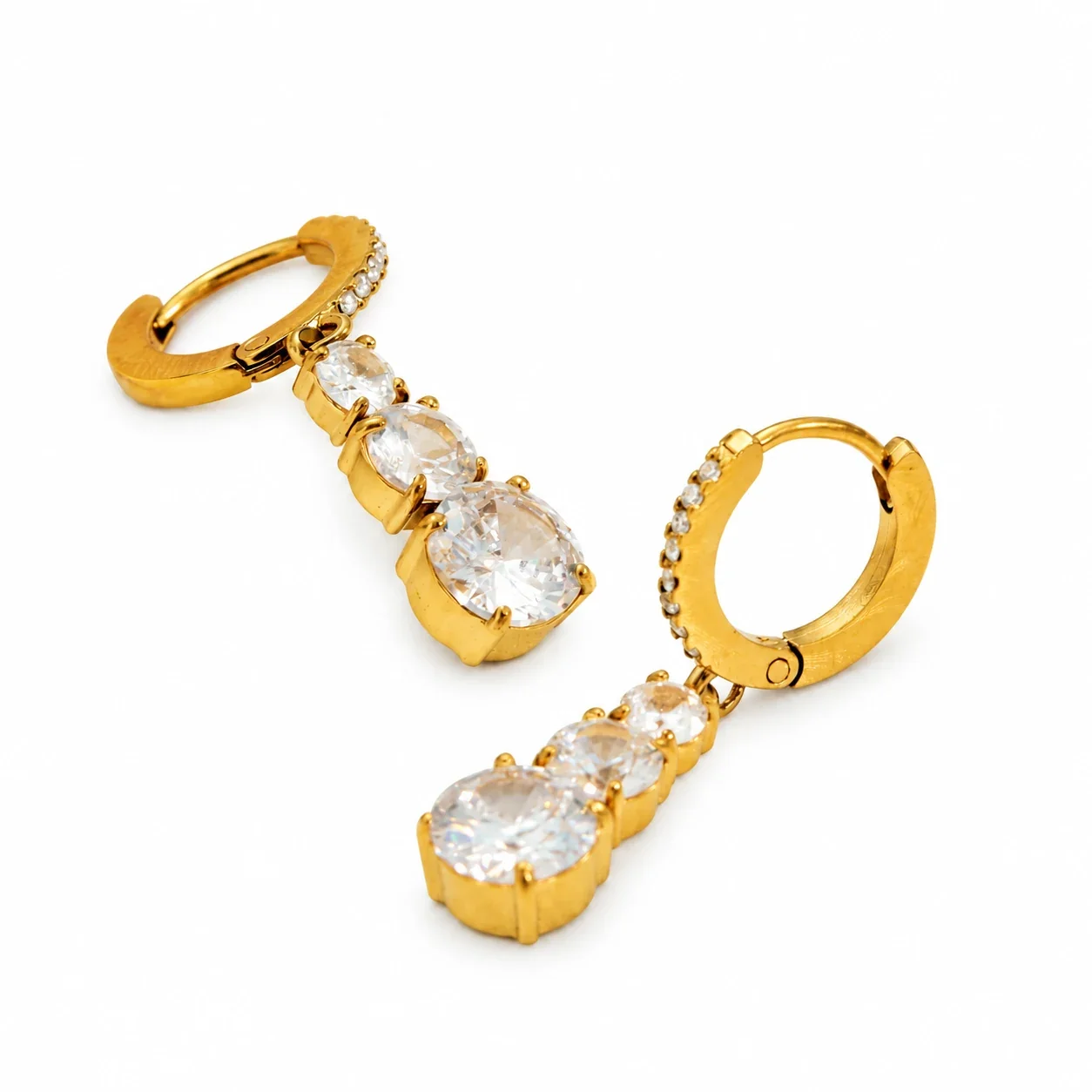 Drop Hoop Earrings with Triple CZ Stainless Steel Gold PVD