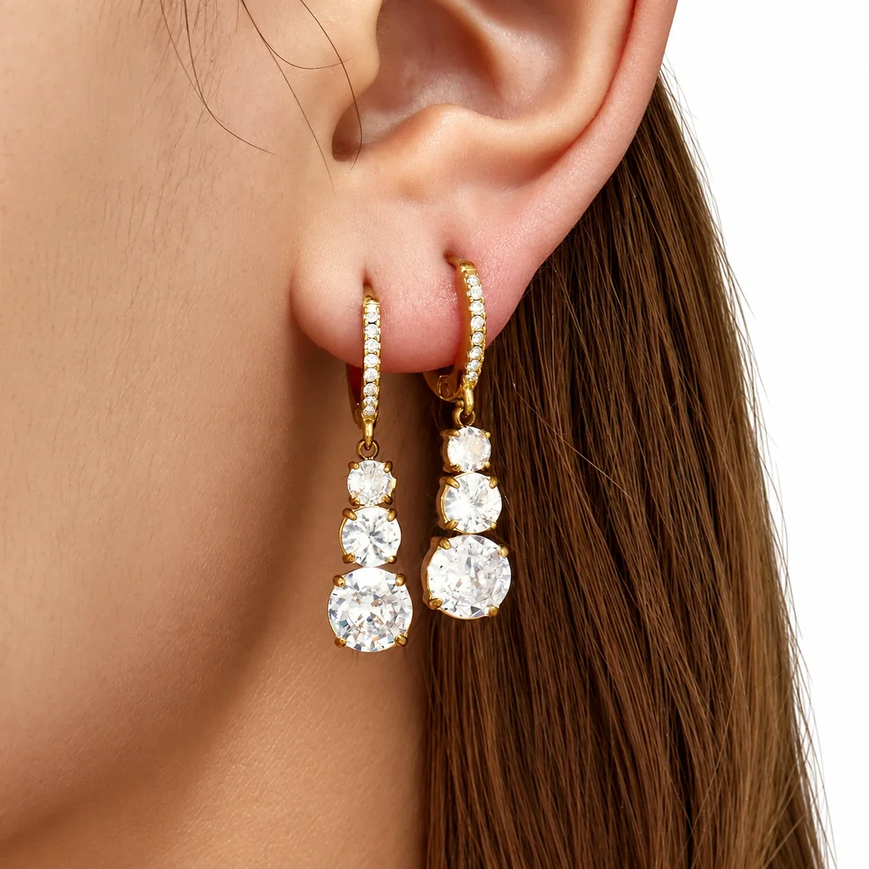 Drop Hoop Earrings with Triple CZ Stainless Steel Gold PVD