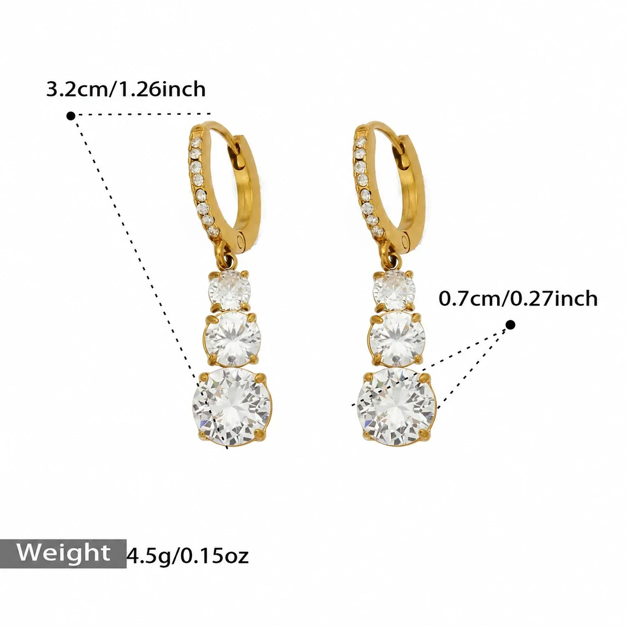 Drop Hoop Earrings with Triple CZ Stainless Steel Gold PVD - Gold -Layer CZ