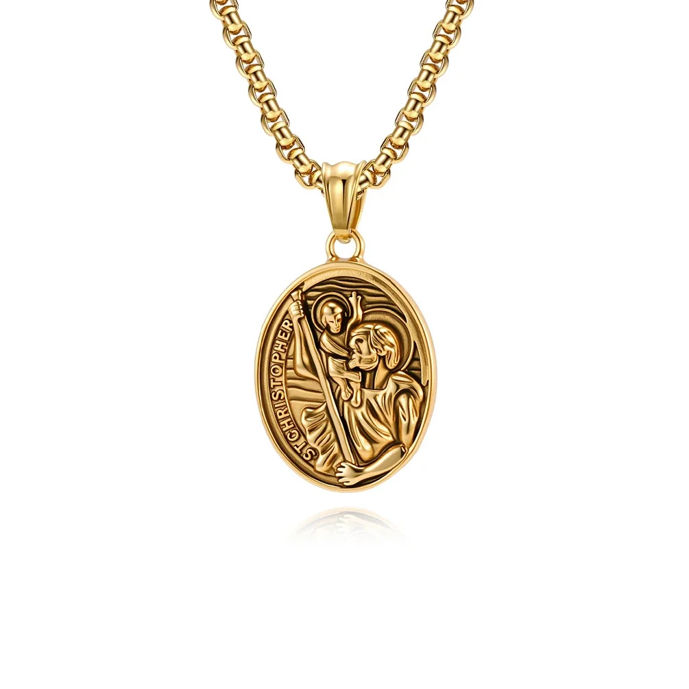 Saint Christopher Medal Stainless Steel Oval Relief Necklace
