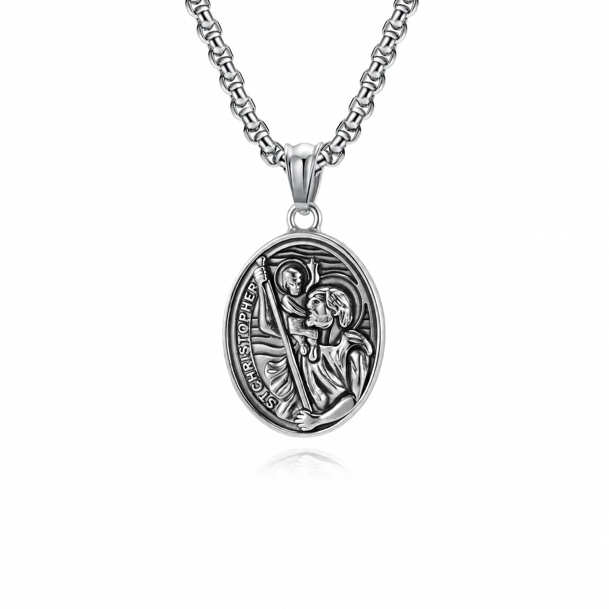 Saint Christopher Medal Stainless Steel Oval Relief Necklace