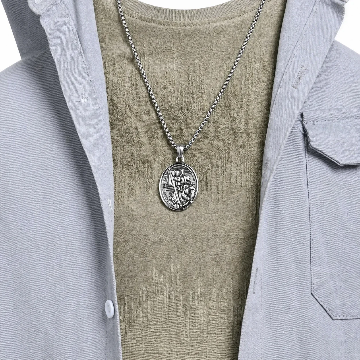 Saint Christopher Medal Stainless Steel Oval Relief Necklace