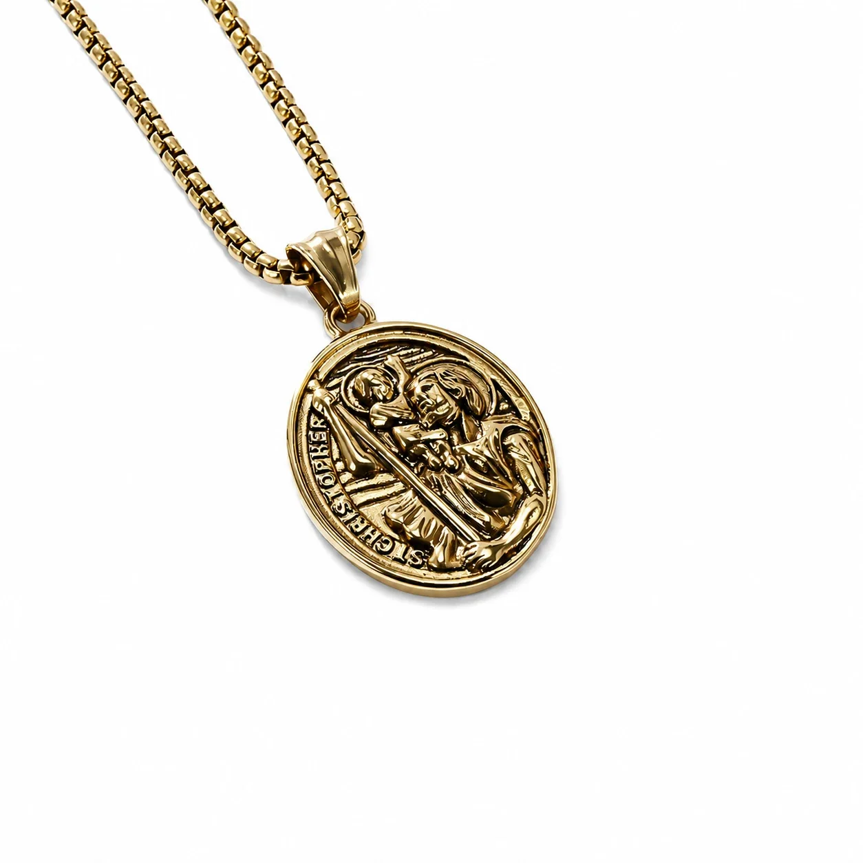 Saint Christopher Medal Stainless Steel Oval Relief Necklace