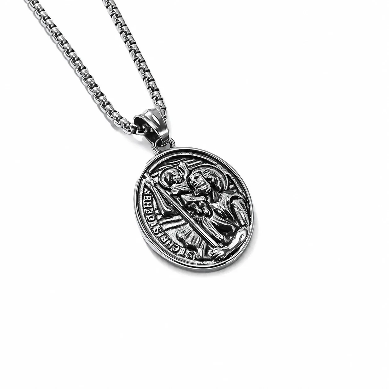 Saint Christopher Medal Stainless Steel Oval Relief Necklace
