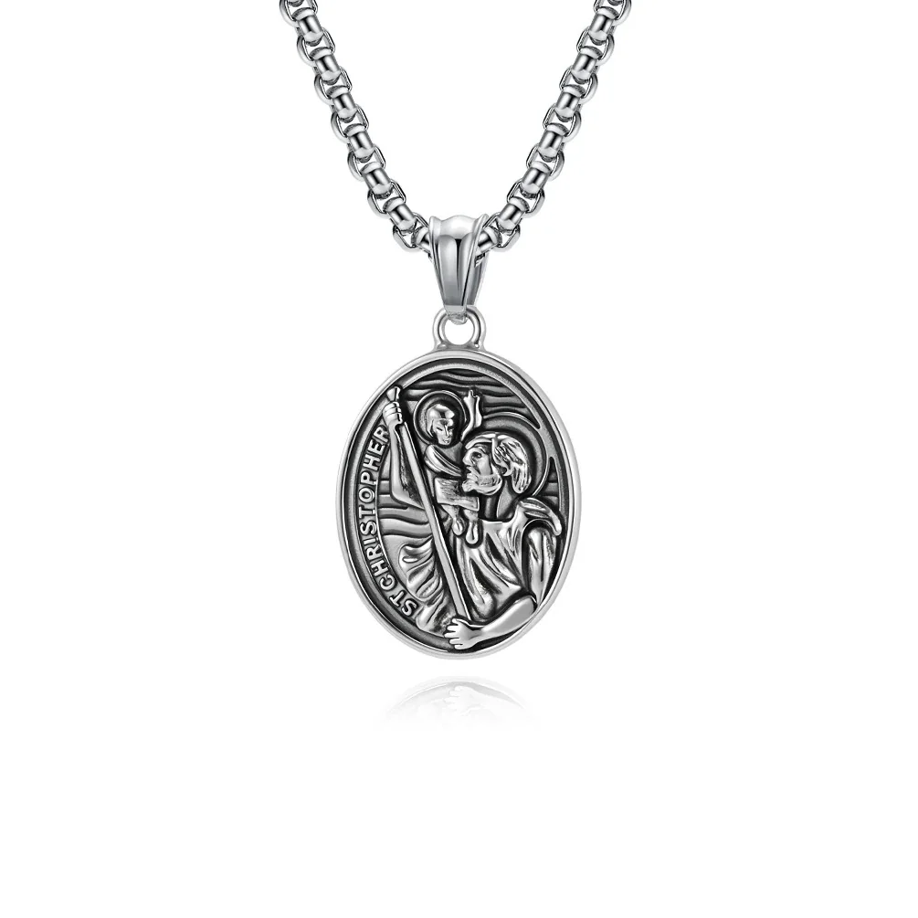 Saint Christopher Medal Stainless Steel Oval Relief Necklace - Silver With 60 cm