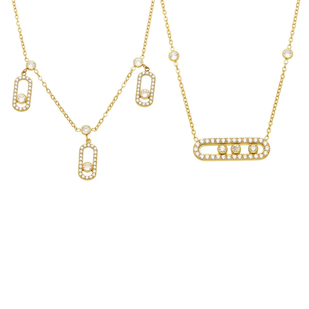 Polished 316L Stainless Steel 18K Gold PVD CZ Paperclip Station Necklace