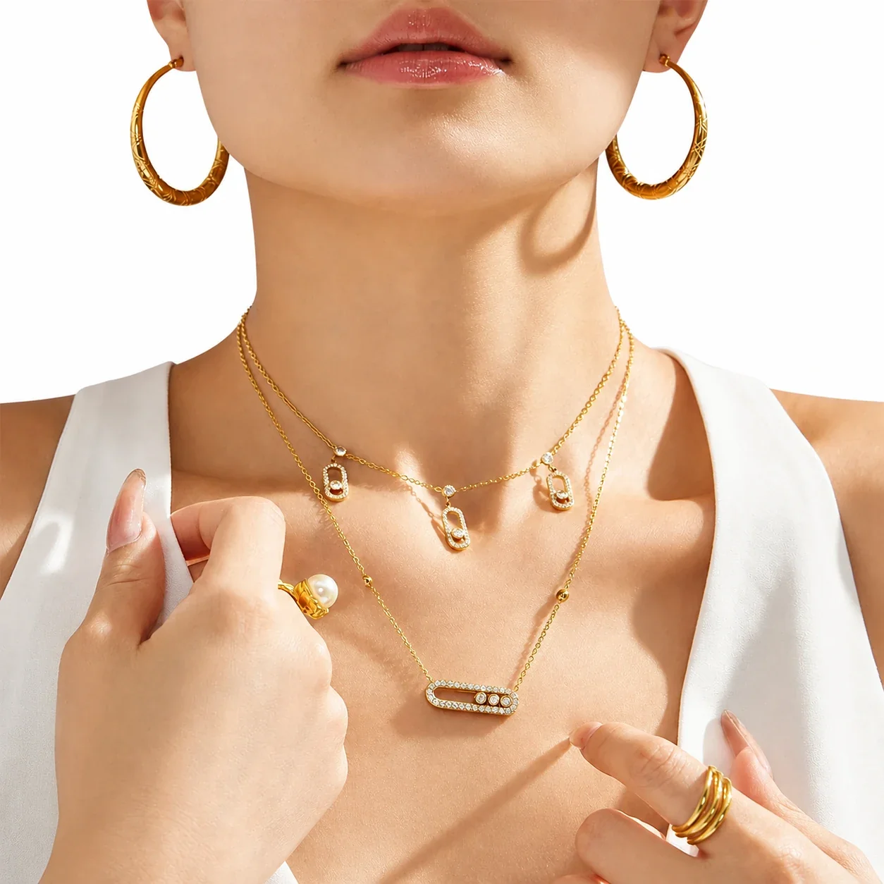 Polished 316L 18K Gold-Plated CZ Paperclip Station Necklace