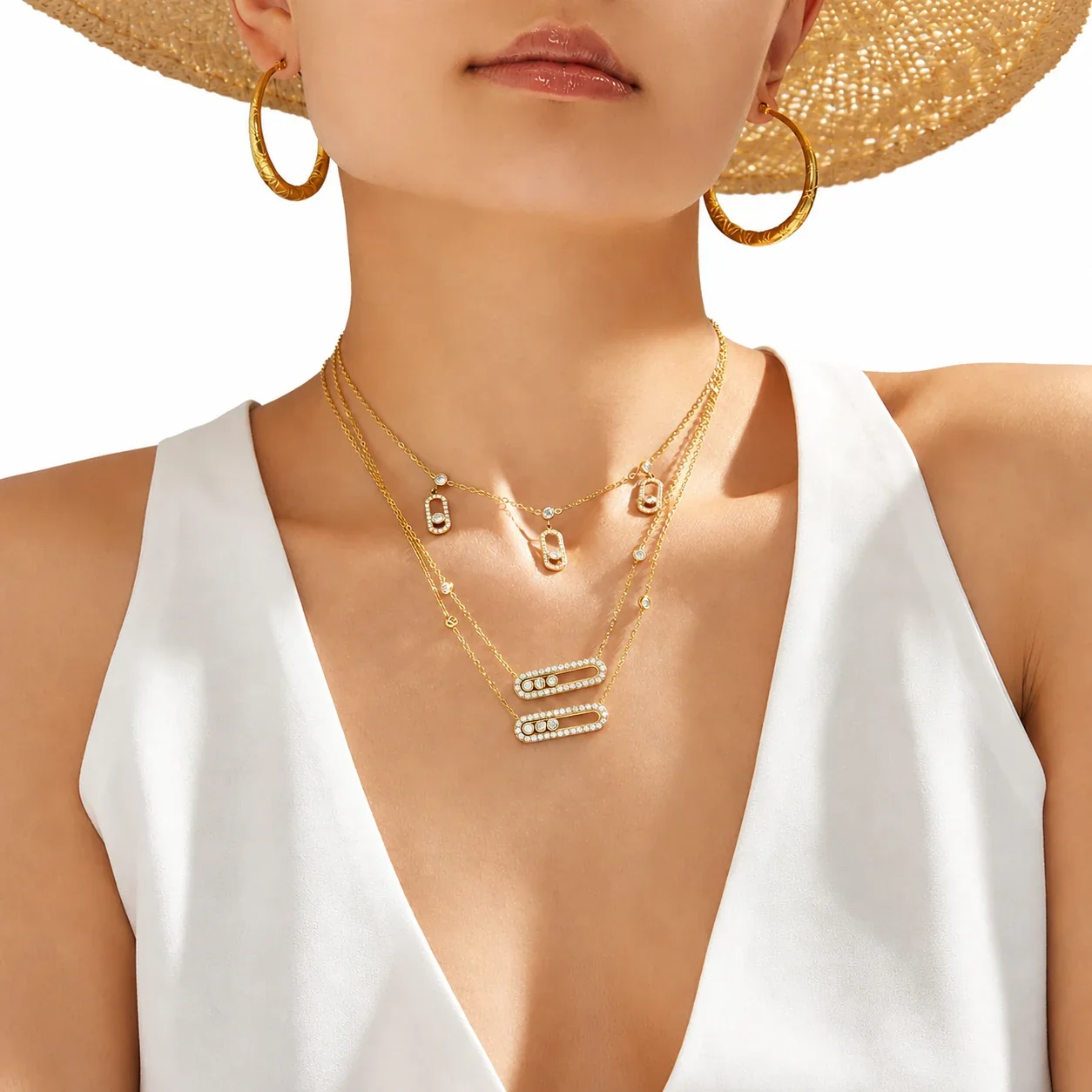 Polished 316L 18K Gold-Plated CZ Paperclip Station Necklace