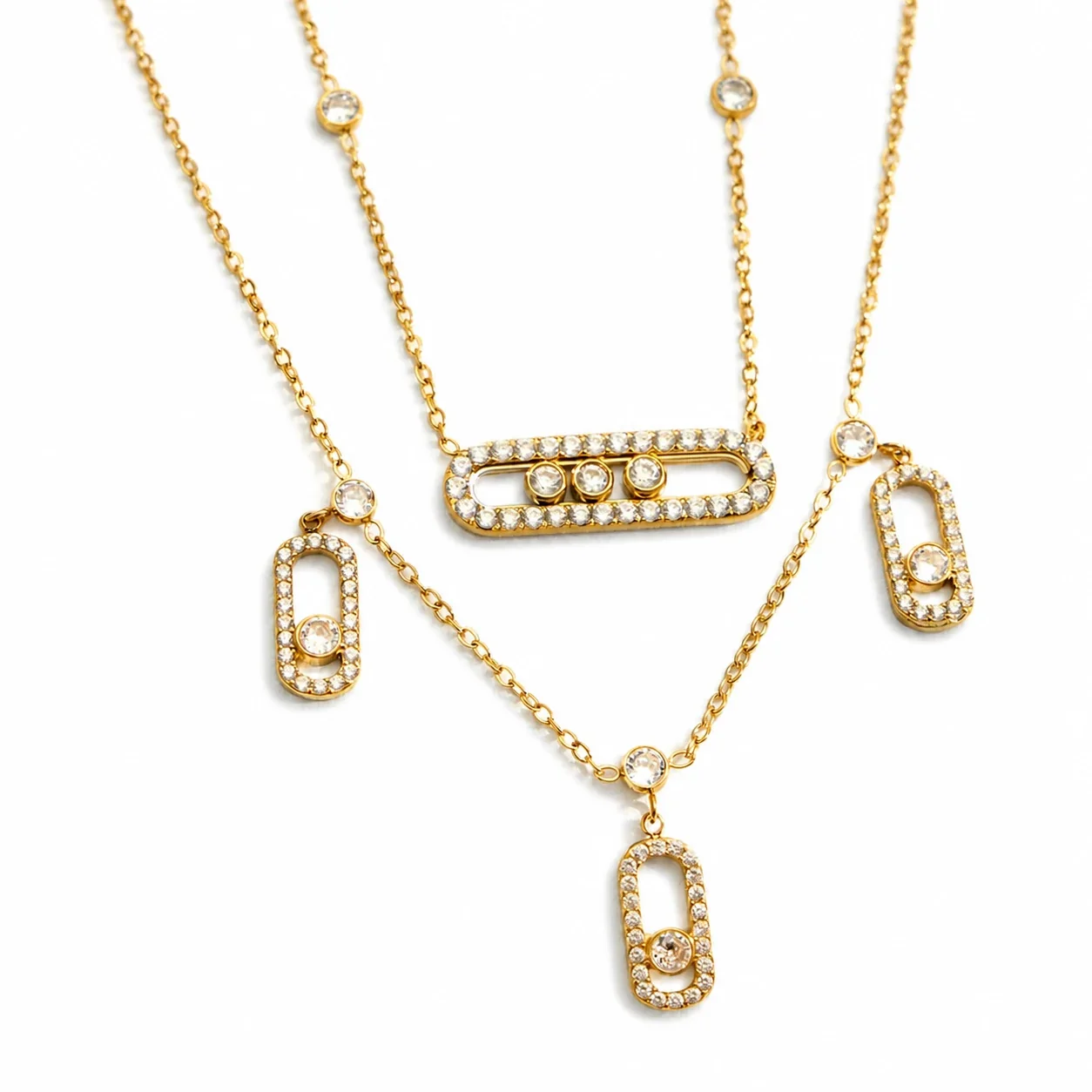 Polished 316L 18K Gold-Plated CZ Paperclip Station Necklace