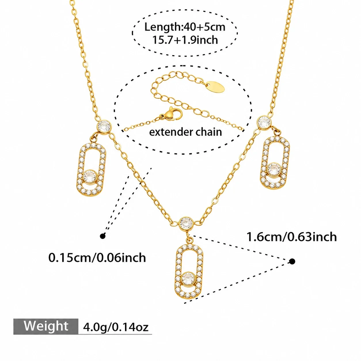 Polished 316L 18K Gold-Plated CZ Paperclip Station Necklace - Gold Fixed CZ 40+5 cm