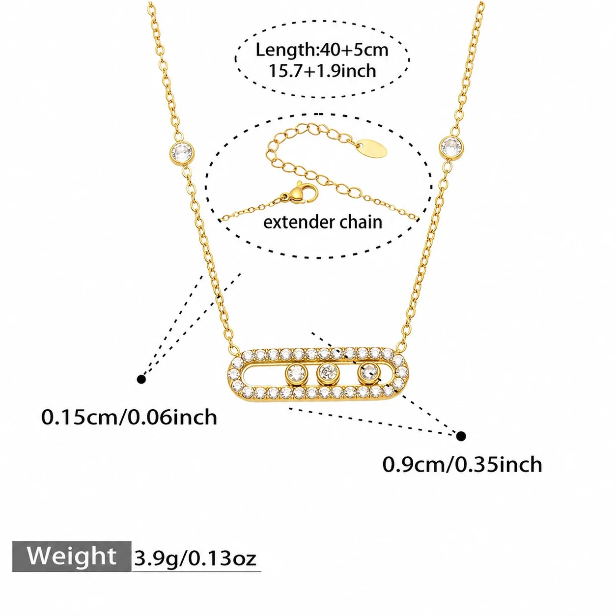 Polished 316L 18K Gold-Plated CZ Paperclip Station Necklace - Gold Movable CZ 40+5 cm
