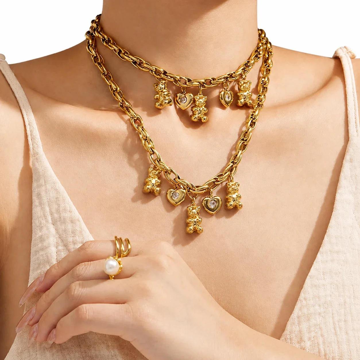 Playful 18K Gold-Plated 316L Bear Heart Charm Necklace