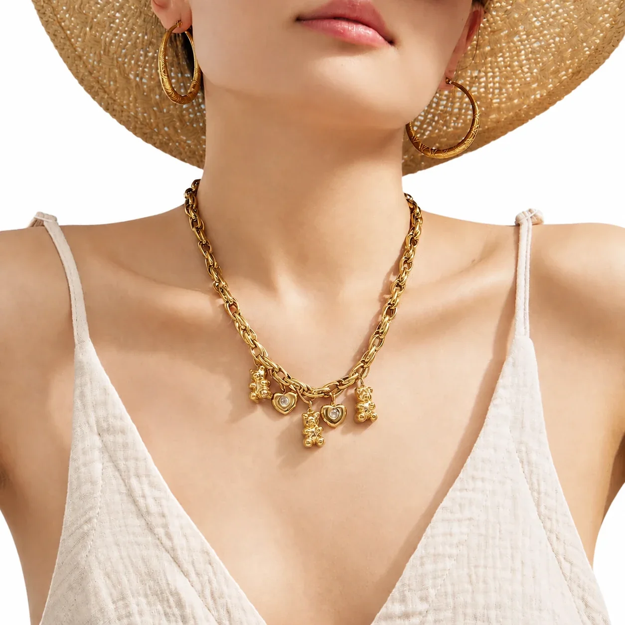 Playful 18K Gold-Plated 316L Bear Heart Charm Necklace