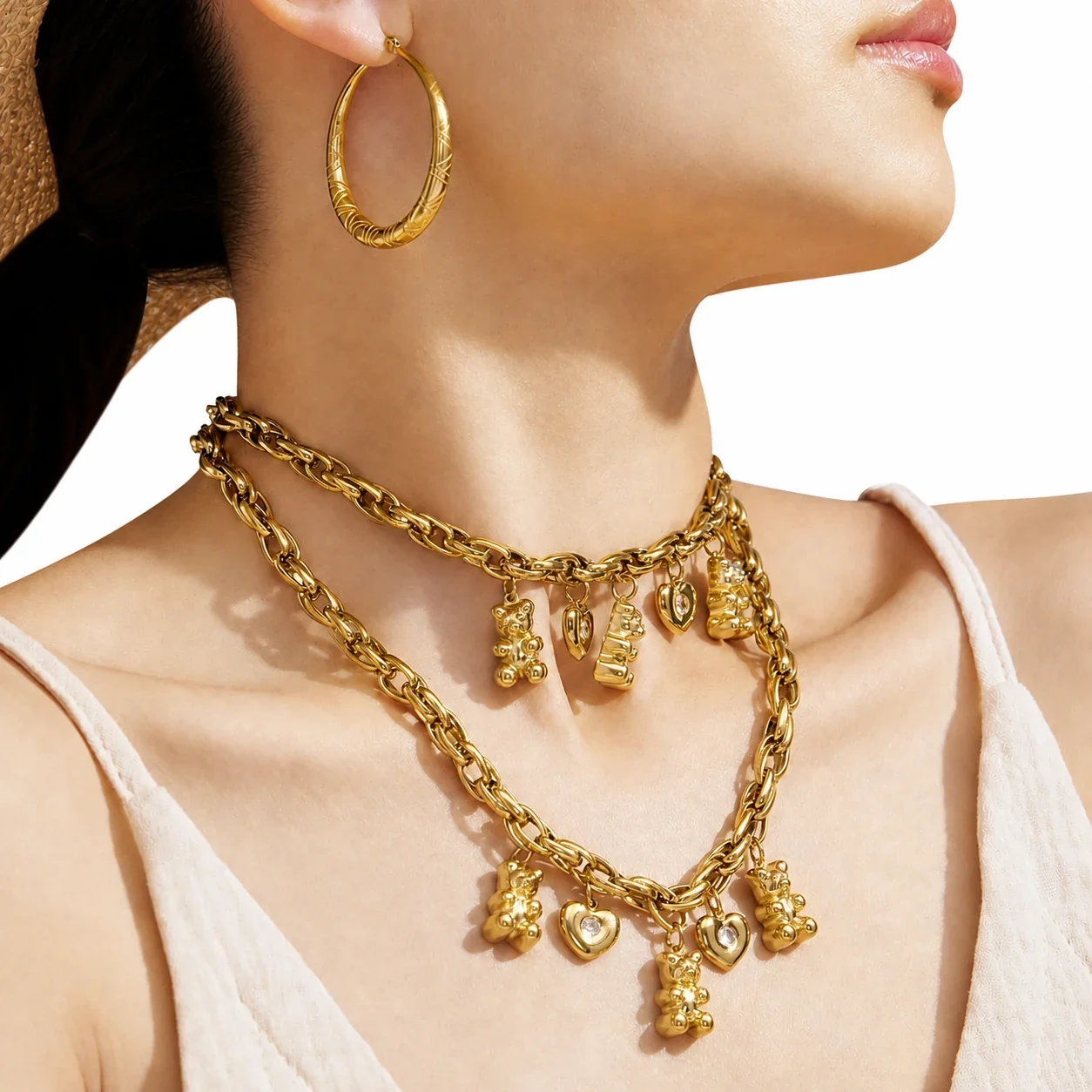 Playful 18K Gold-Plated 316L Bear Heart Charm Necklace