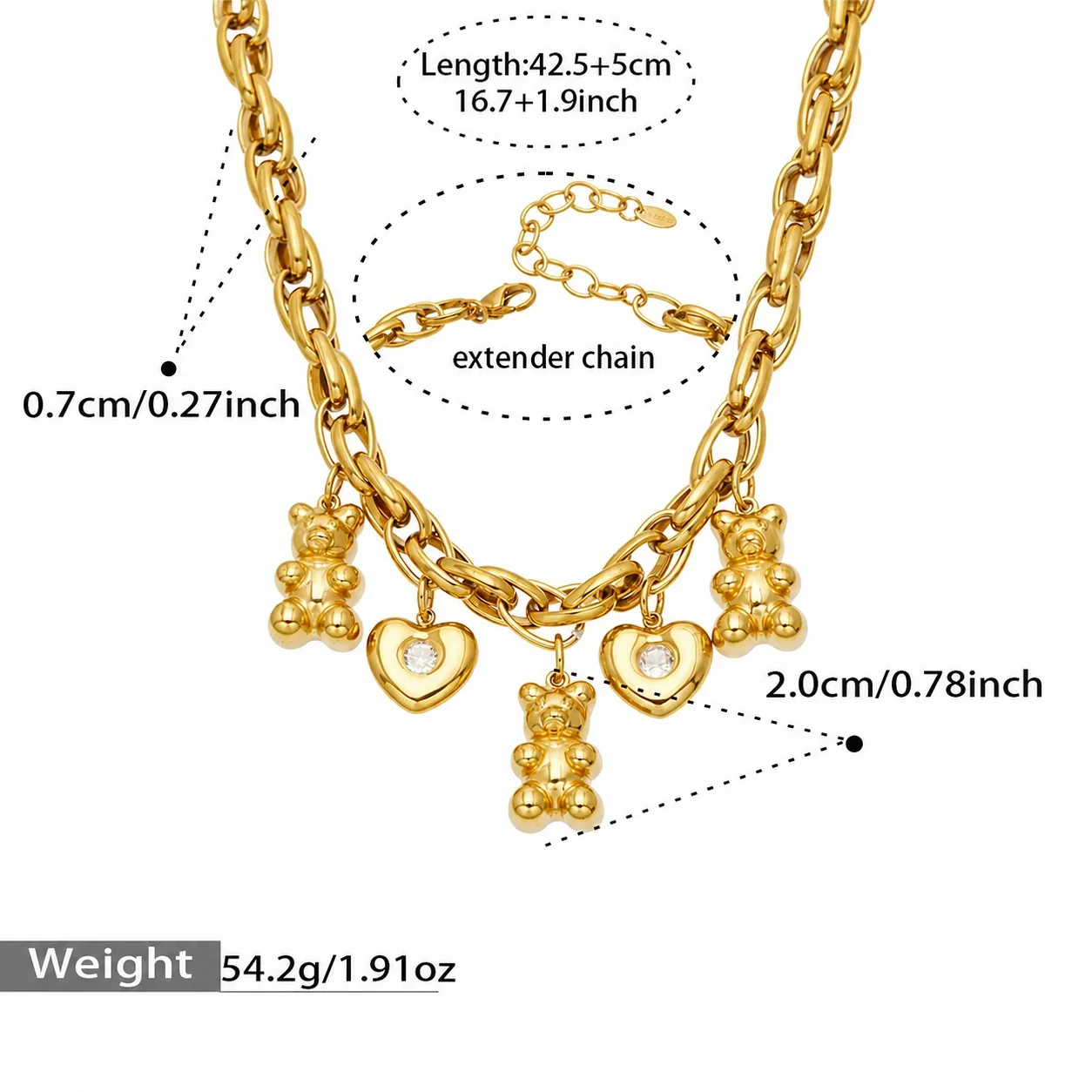 Playful 18K Gold-Plated 316L Bear Heart Charm Necklace - Gold