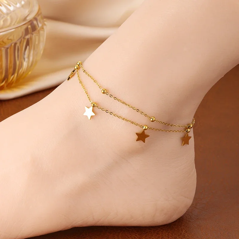 Foto del producto: Tobillera de acero chapada en oro de 18K, estrellas y cuentas de doble cadena