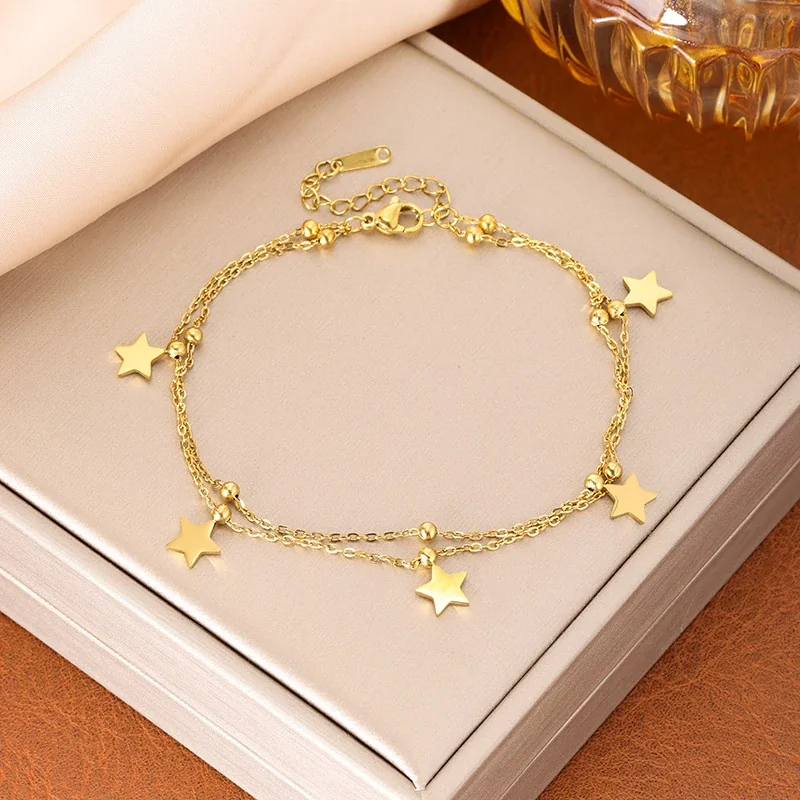 Foto del producto: Tobillera de acero chapada en oro de 18K, estrellas y cuentas de doble cadena