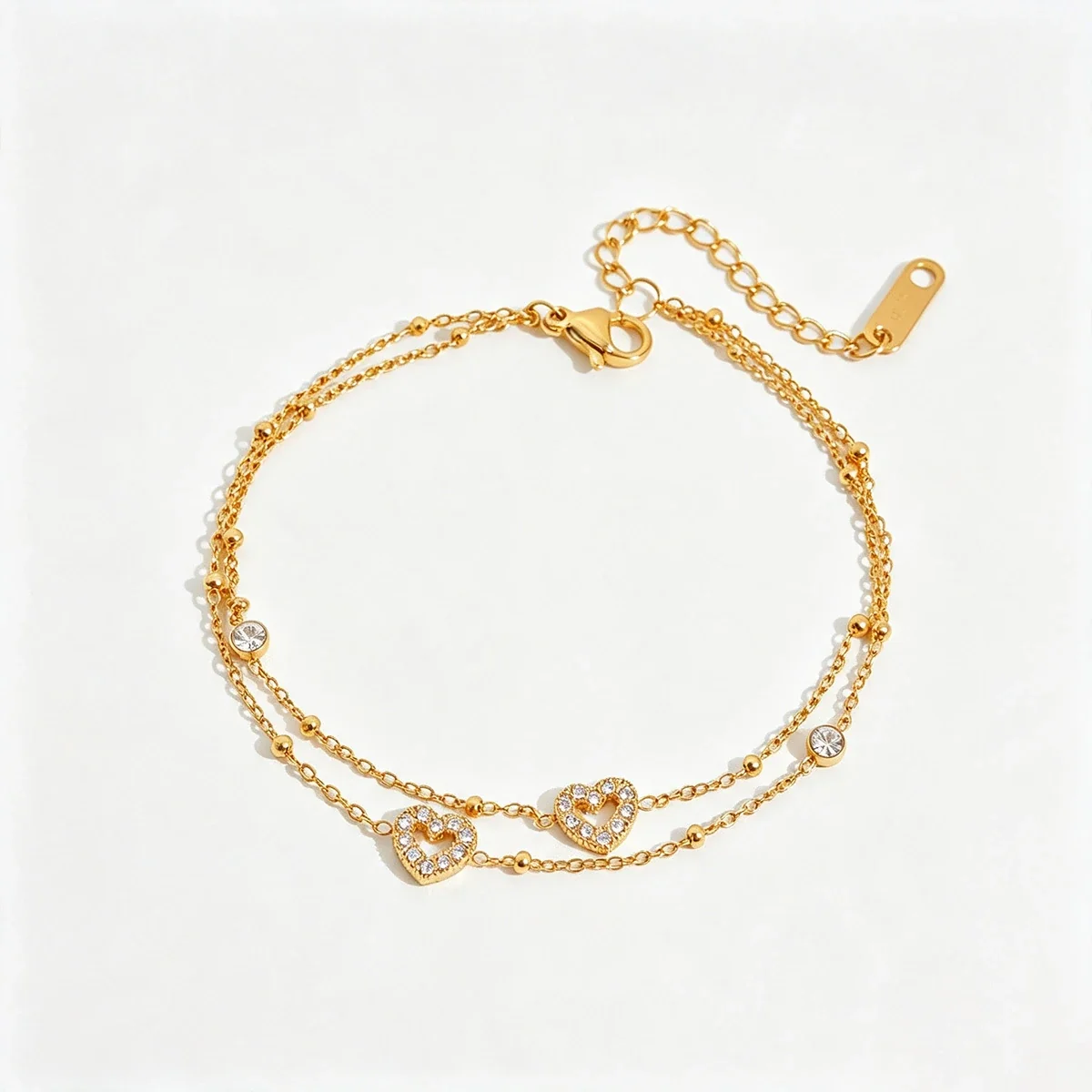 Double Heart Crystal Chain Bracelet, 18K Gold-Plated Stainless Steel