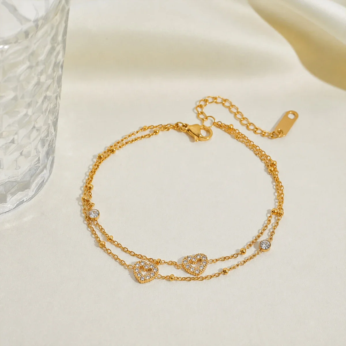 Double Heart Crystal Chain Bracelet, 18K Gold-Plated Stainless Steel