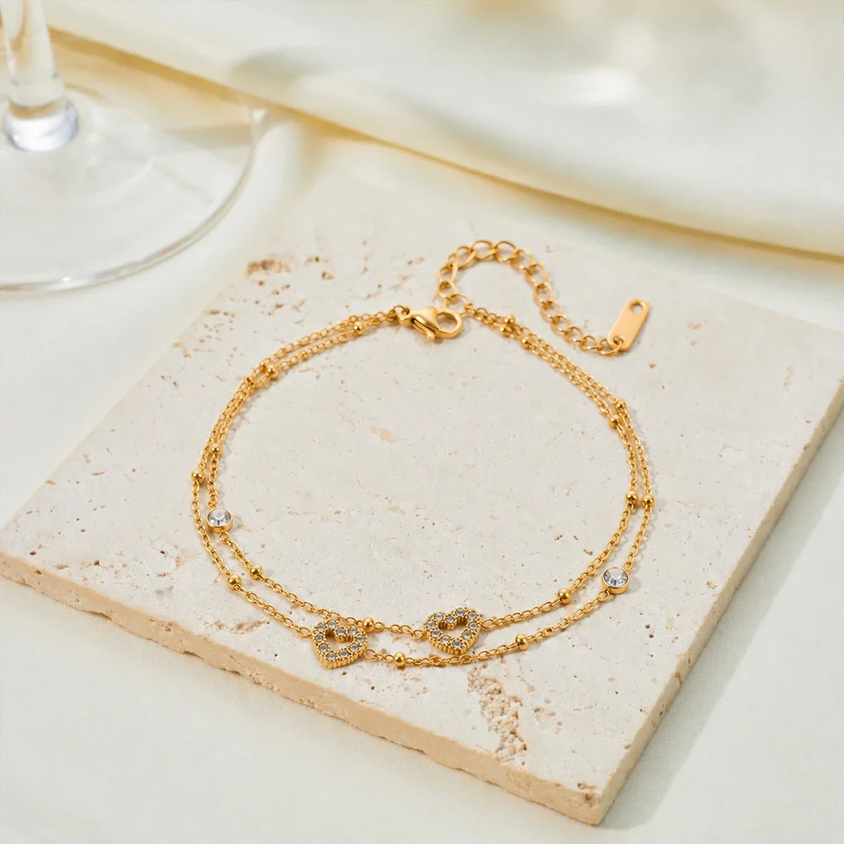 Double Heart Crystal Chain Bracelet, 18K Gold-Plated Stainless Steel