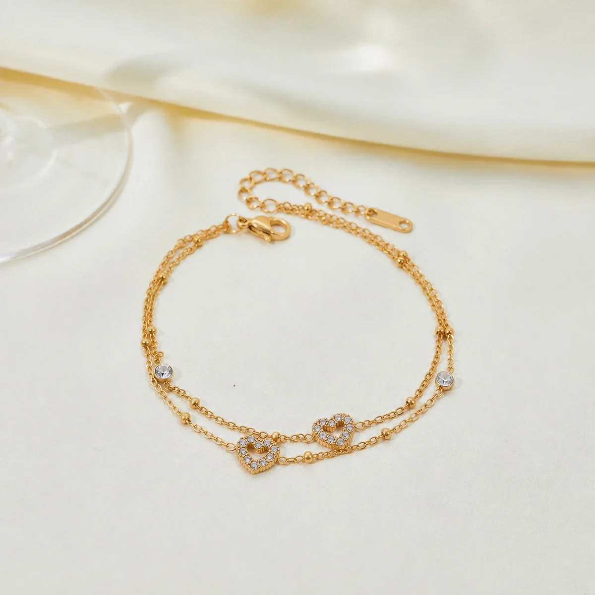 Double Heart Crystal Chain Bracelet, 18K Gold-Plated Stainless Steel