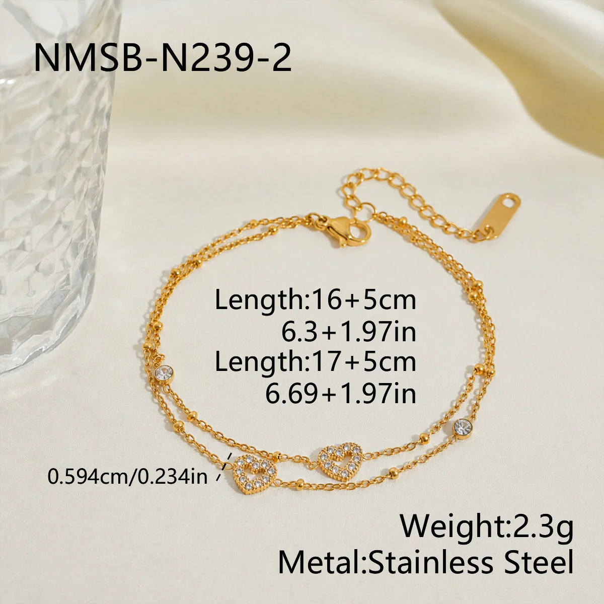 Double Heart Crystal Chain Bracelet, 18K Gold-Plated Stainless Steel - Dimensions