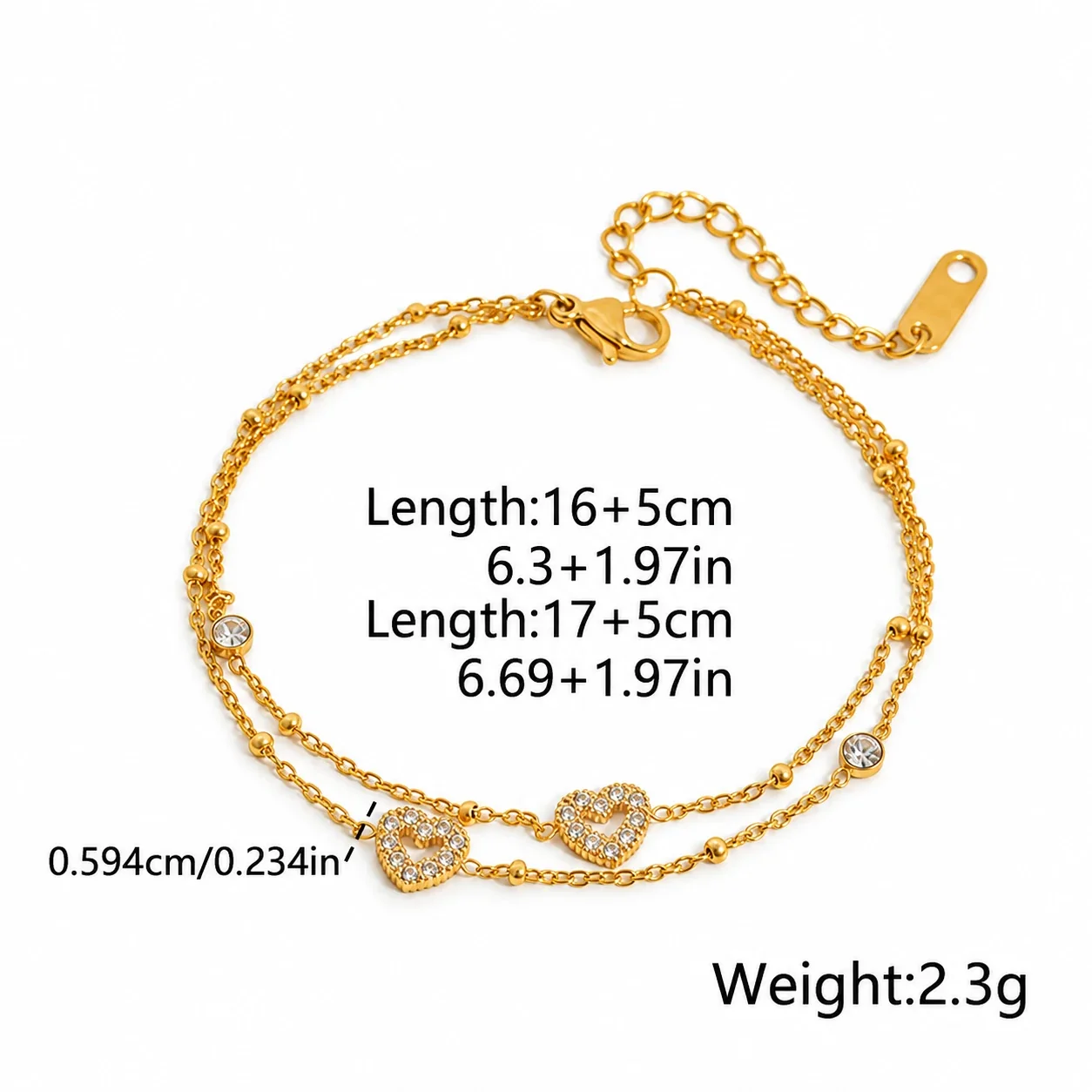 Double Heart Crystal Chain Bracelet, 18K Gold-Plated Stainless Steel - Gold