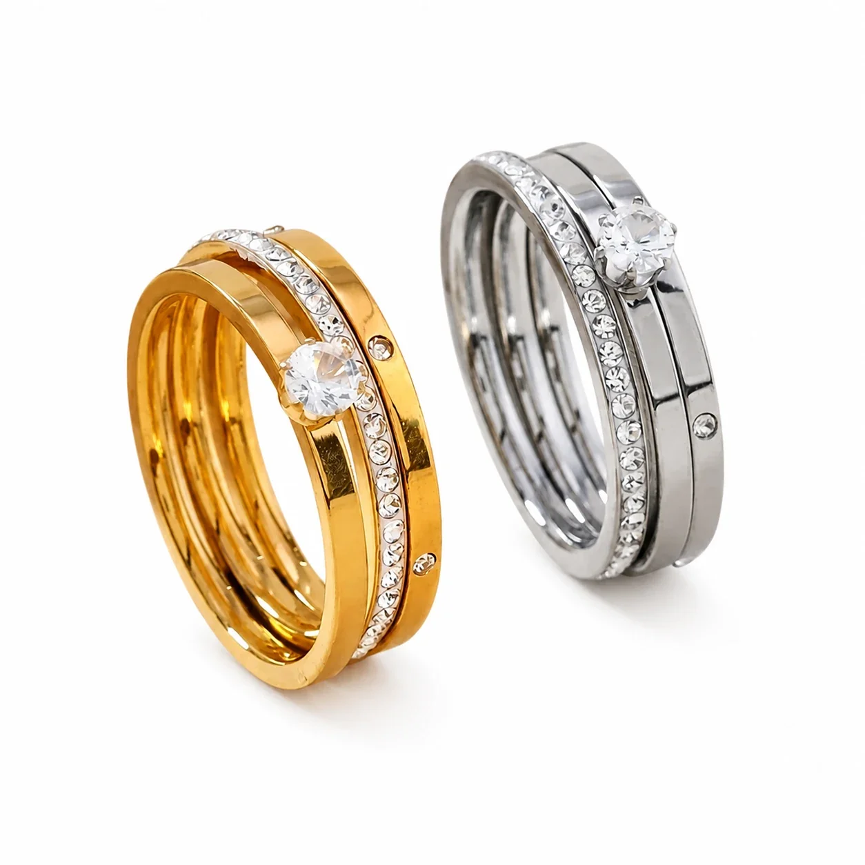 Radiant Gold-Plated Pavé Trio Cubic Zirconia Ring Set