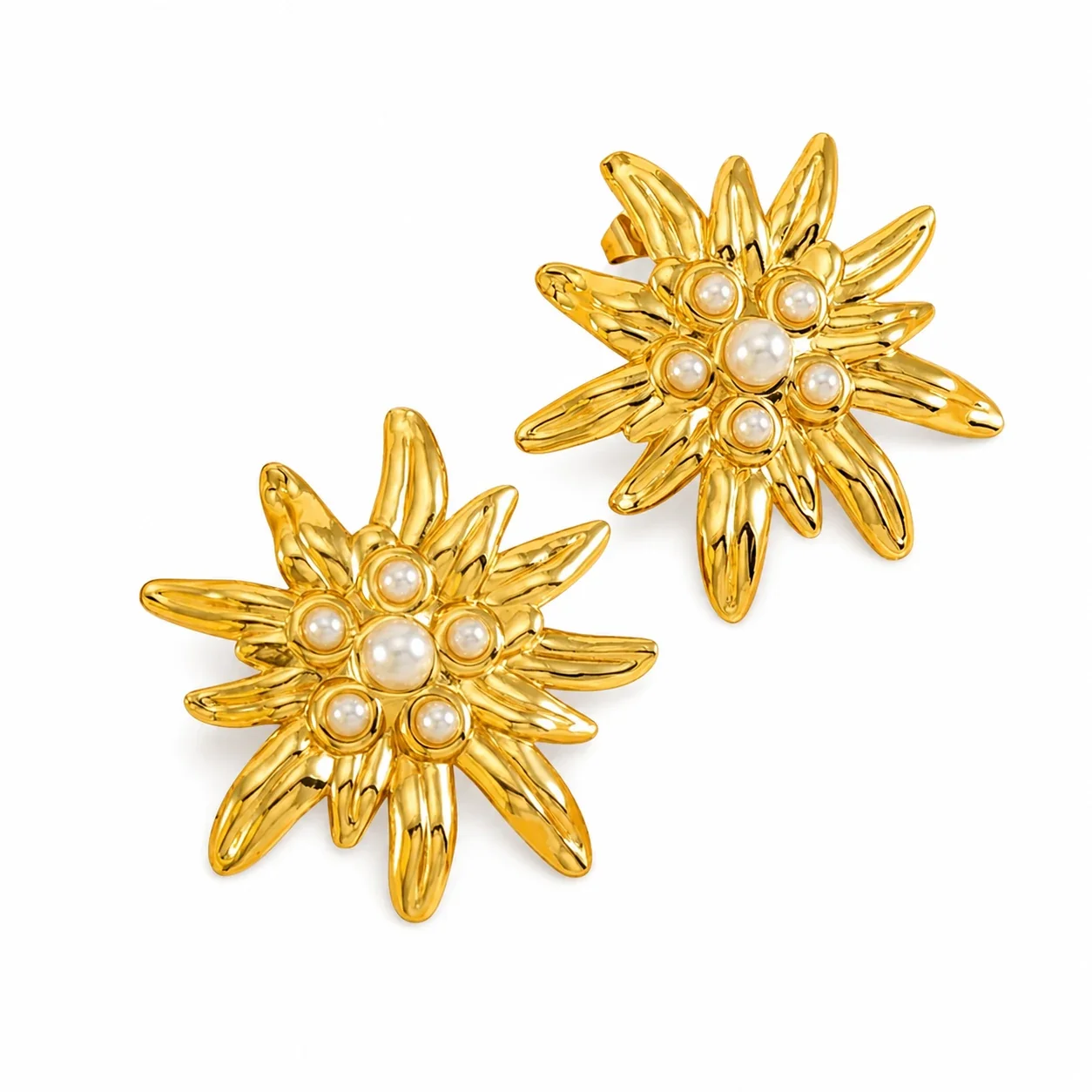 Radiant 18K Gold-Plated Petal Pearl Flower Stud Earrings