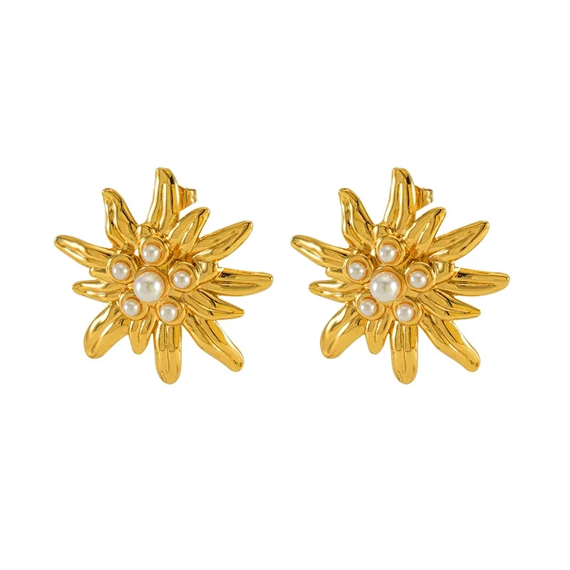 Radiant 18K Gold-Plated Petal Pearl Flower Stud Earrings