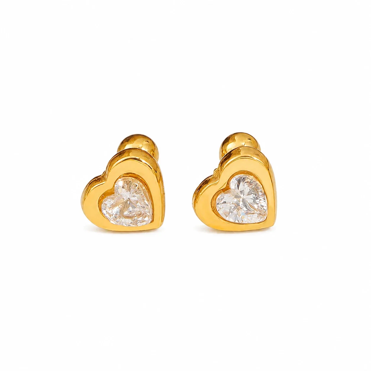 Sweet Gold-Plated Heart Bezel Crystal Stud Earrings