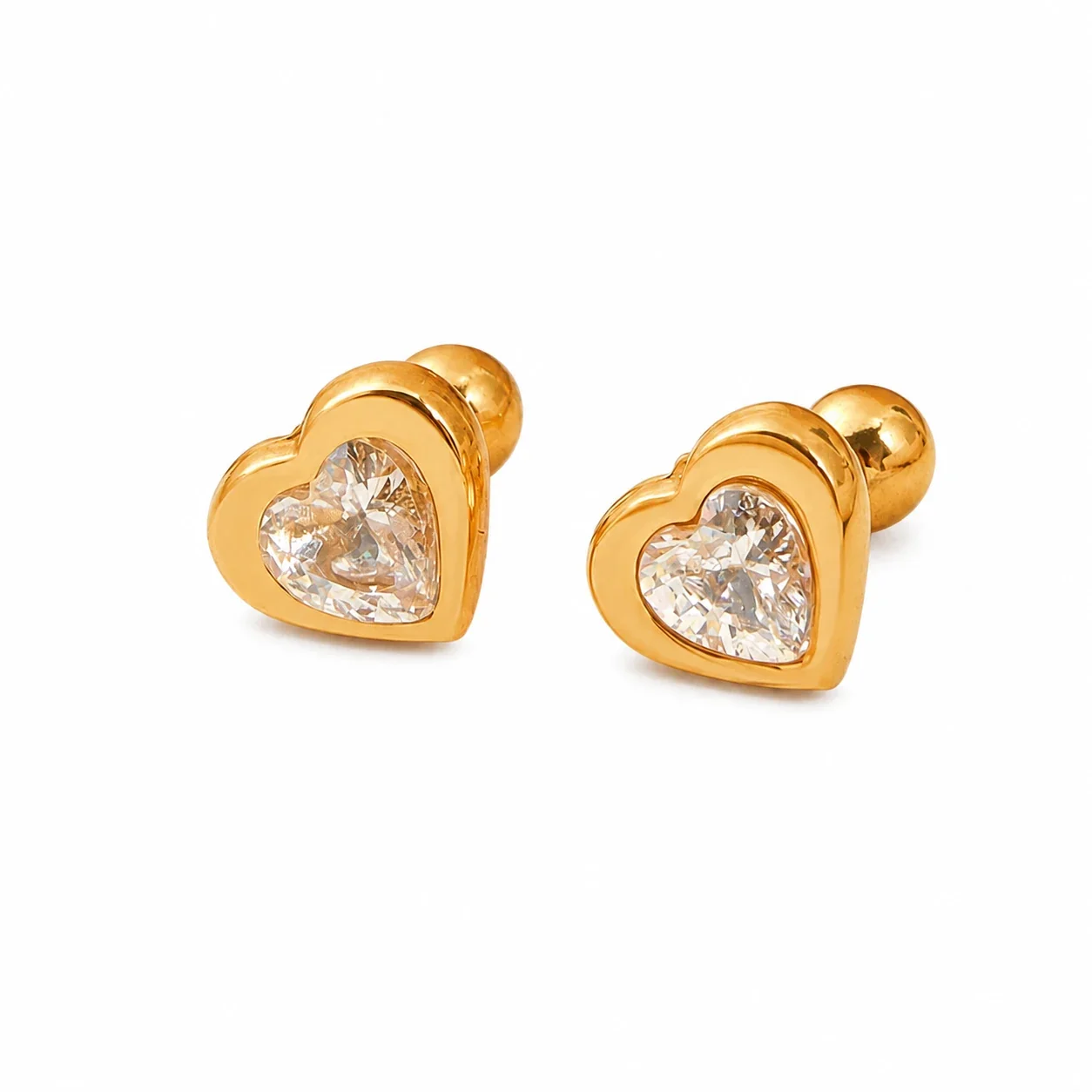 Sweet Gold-Plated Heart Bezel Crystal Stud Earrings