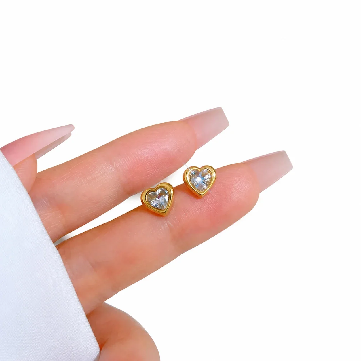 Sweet Gold-Plated Heart Bezel Crystal Stud Earrings