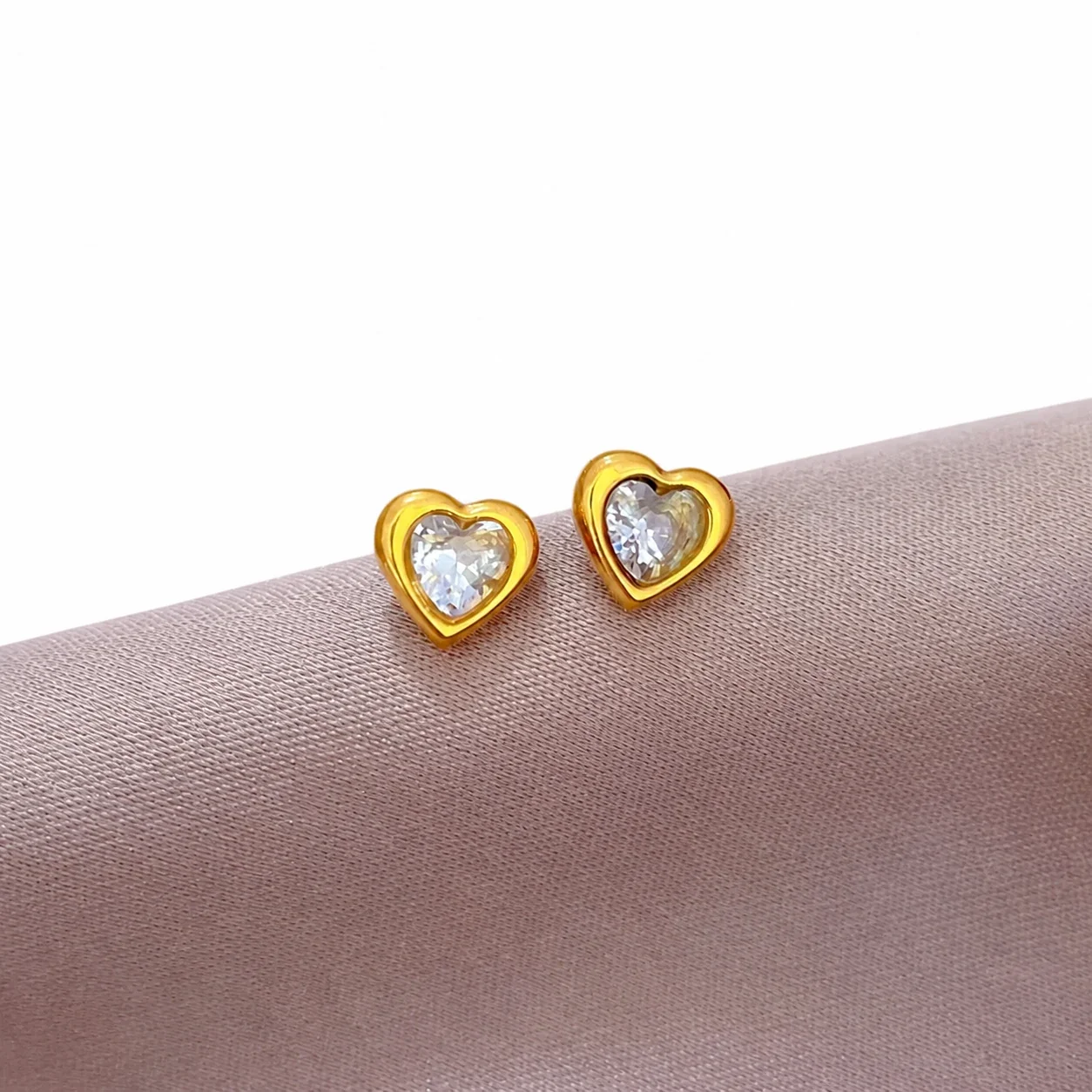 Sweet Gold-Plated Heart Bezel Crystal Stud Earrings