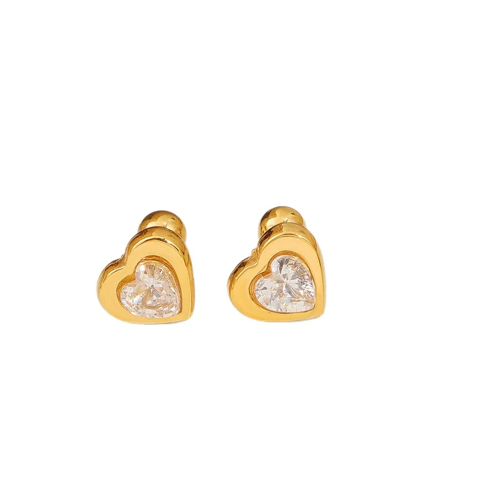 Sweet Gold-Plated Heart Bezel Crystal Stud Earrings