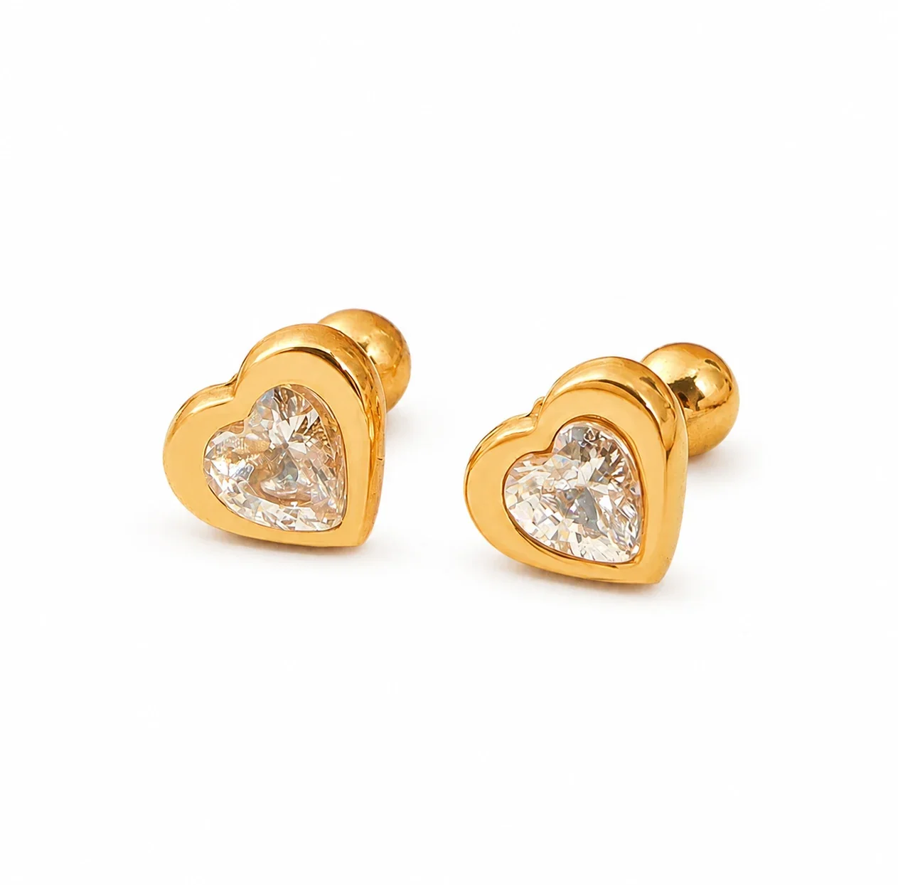 Sweet Gold-Plated Heart Bezel Crystal Stud Earrings - Gold