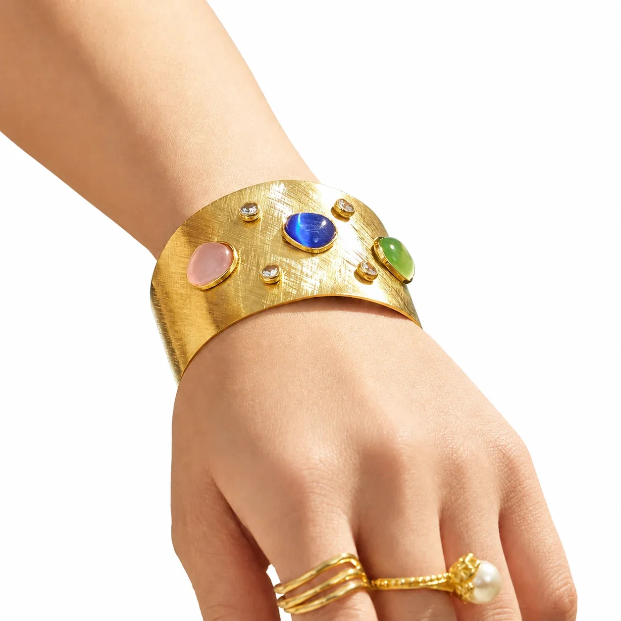 Brushed 18K Gold-Plated 316 Cuff with Cabochon Crystals
