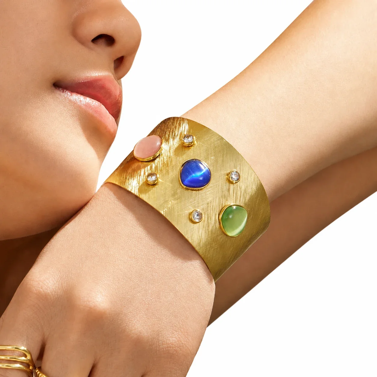 Brushed 18K Gold-Plated 316 Cuff with Cabochon Crystals