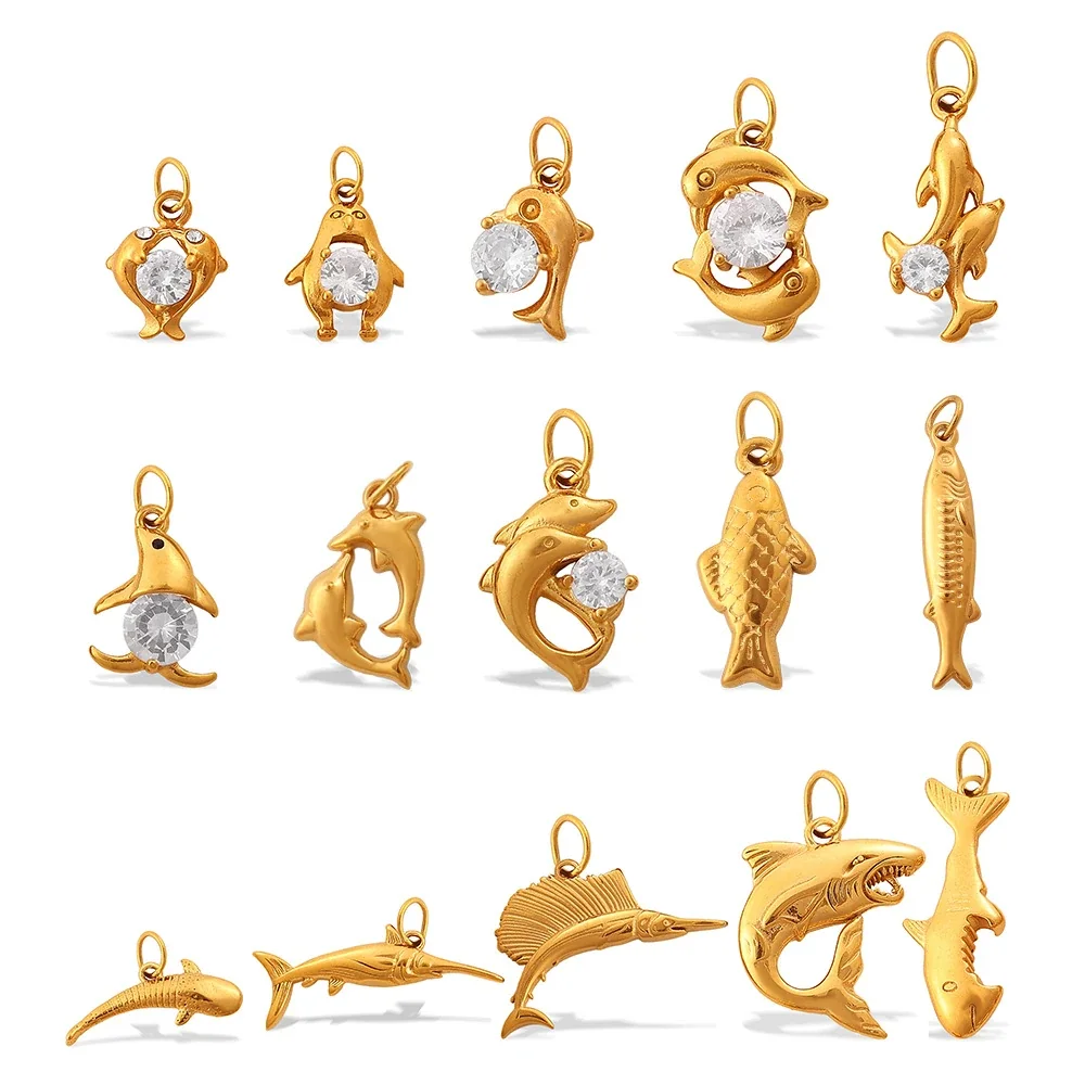 Fish Pendant Charms: Clear Crystals, 18K Gold-Plated Stainless Steel