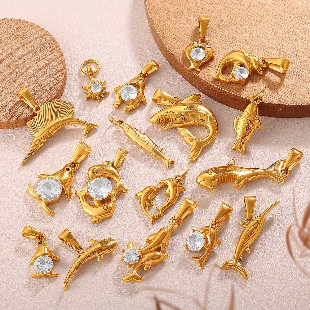 Fish Pendant Charms: Clear Crystals, 18K Gold-Plated Stainless Steel