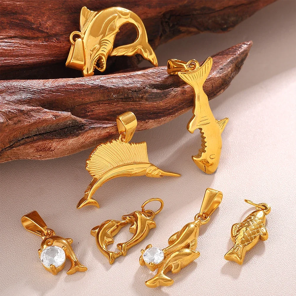 Fish Pendant Charms: Clear Crystals, 18K Gold-Plated Stainless Steel