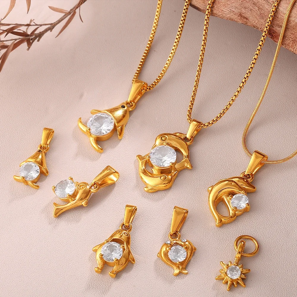 Fish Pendant Charms: Clear Crystals, 18K Gold-Plated Stainless Steel