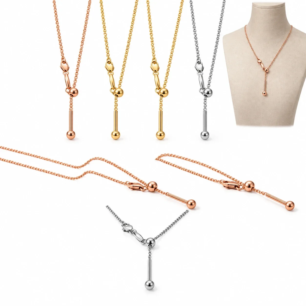 Y-Drop Bead Slider Necklace, 316 Stainless Steel Gold PVD